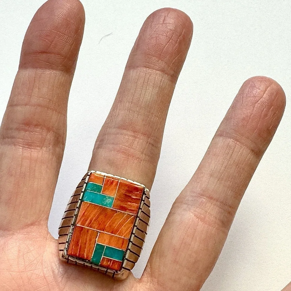 Turquoise Multi Stone Inlay Mens Ring Sz 13 Navajo Sterling Signed T Jack 22mm